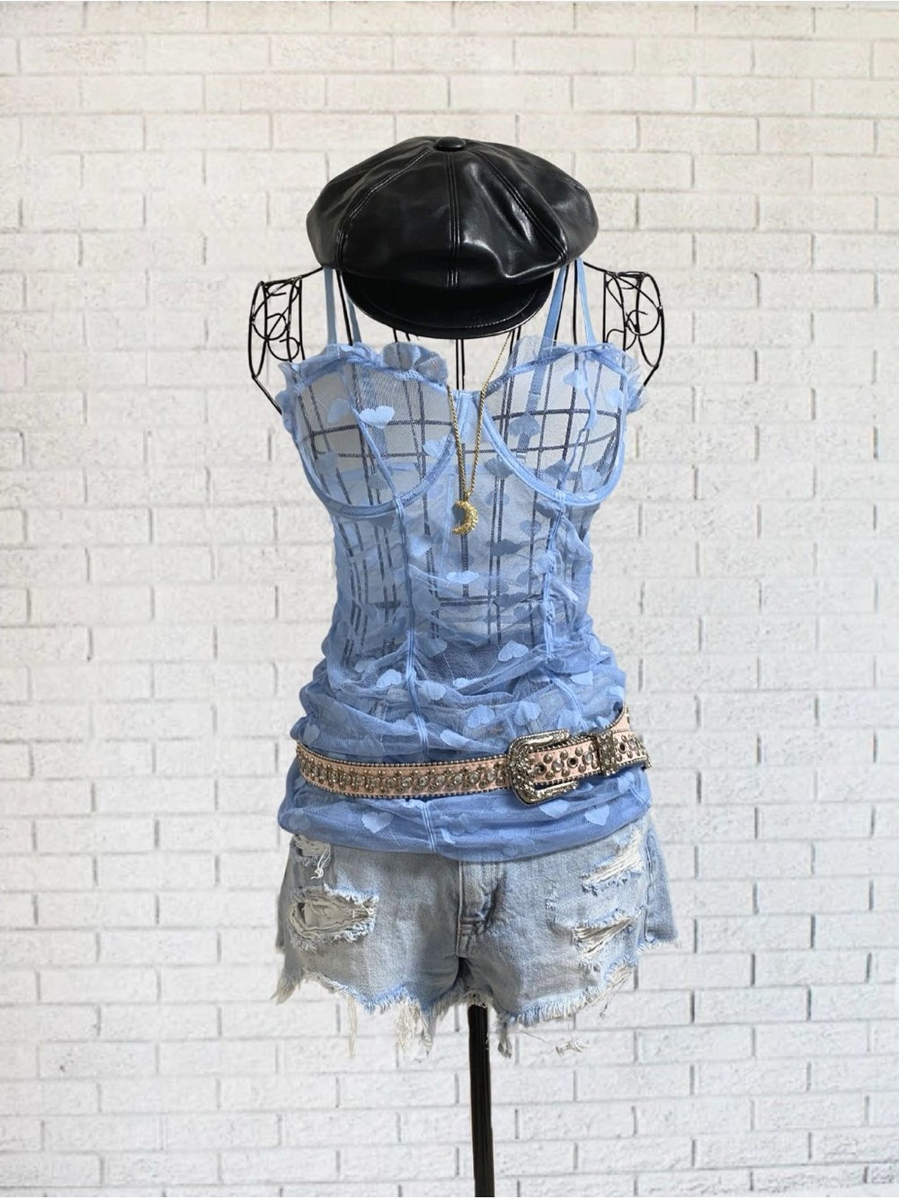Corset Top Dress Sheer Blue Heart Lingerie Retro Medium Bodycon Ruffle Chic Boho